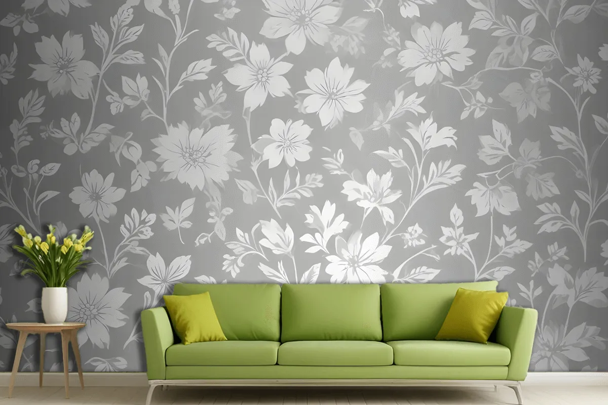Seamless Pattern Of White Floral Silhouettes On A Light Gray Wallpaper Mural