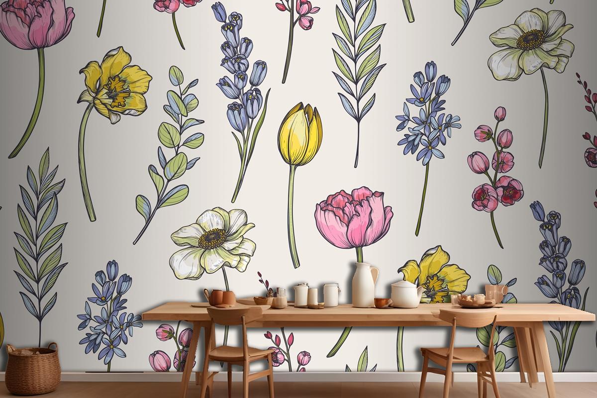 Seamless Pattern With Bouquets Of Spring Flowers Wallpaper Mural