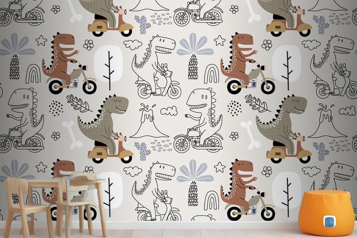 Seamless Pattern With Cute Dinosaur Riding A Motorbike Wallpaper Mural