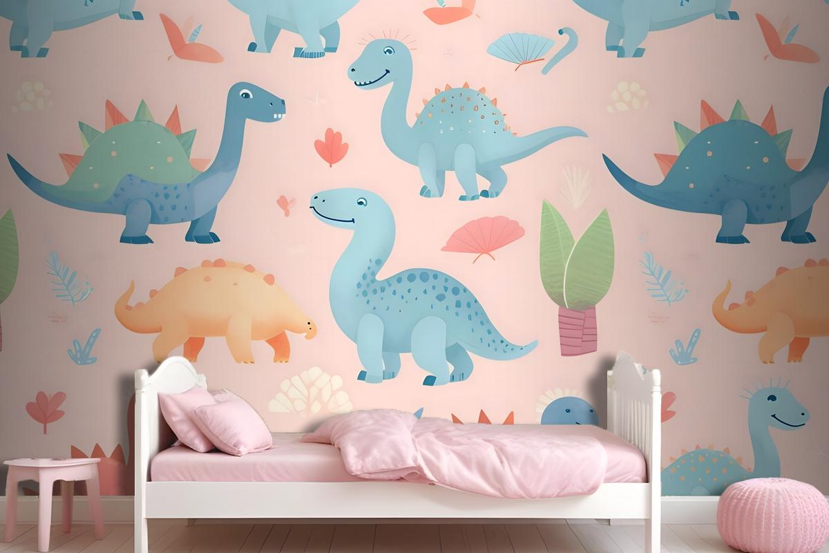 Seamless Pattern With Cute Dinosaurs Cute Dinosaurs Wallpaper Mural