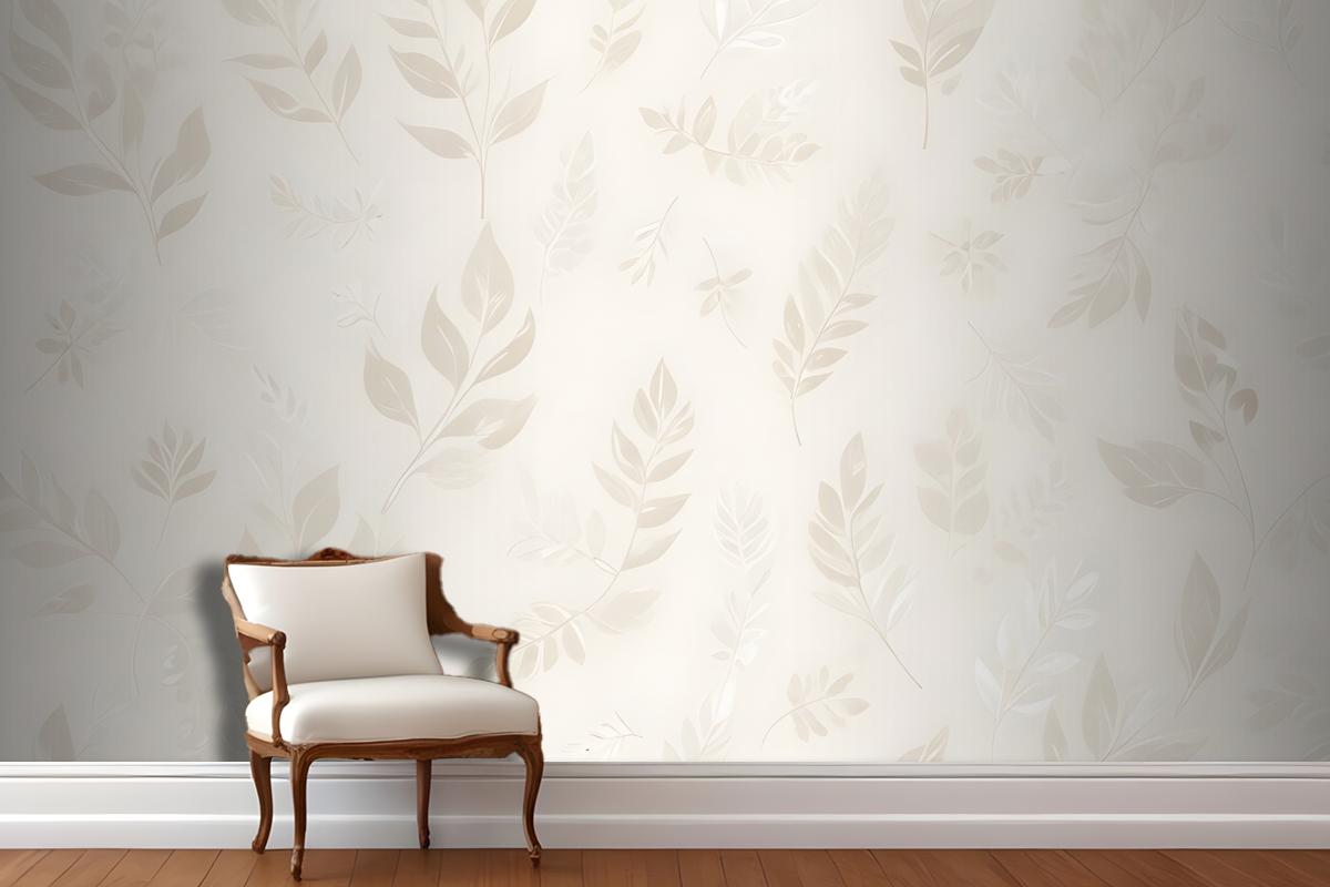 Seamless Pattern With Delicate White Leaves And Floral Elements On A Light Beige Wallpaper Mural