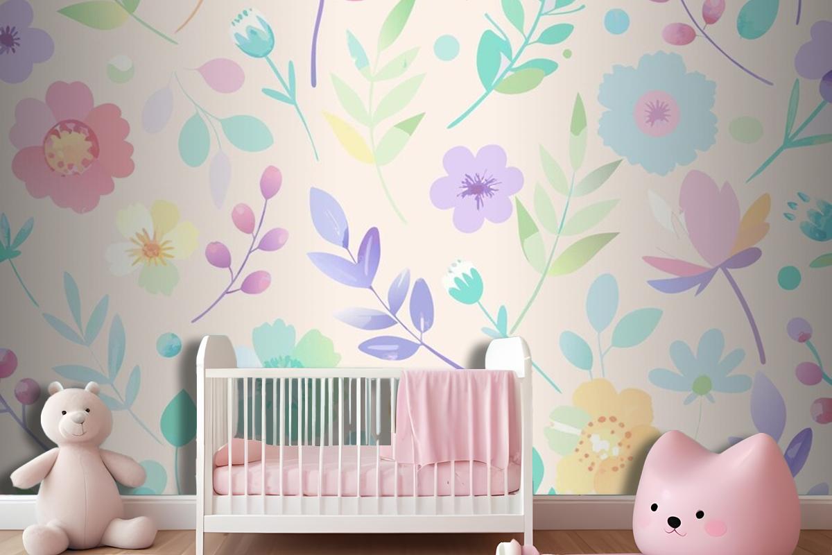 Seamless Pattern With Flowers And Leaves In Pastel Colors Wallpaper Mural