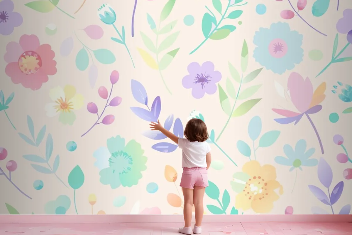 Seamless Pattern With Flowers And Leaves In Pastel Colors Wallpaper Mural