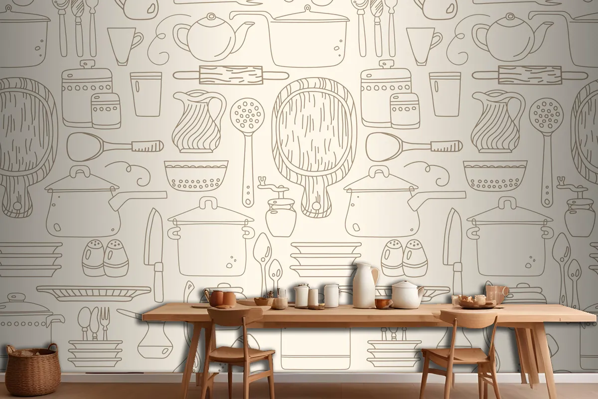 Seamless Pattern With Kitchen Utensils On Beige Wallpaper Mural