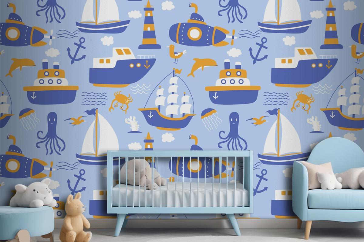 Seamless Pattern With Ships Wallpaper Mural