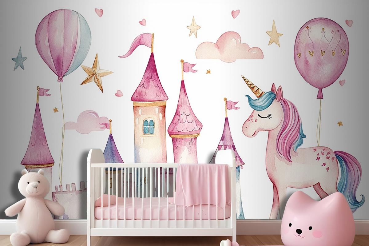 Set Of Cute Watercolor Kingdom Unicorn And Castle For Kids Book Birthday Party Wallpaper Mural