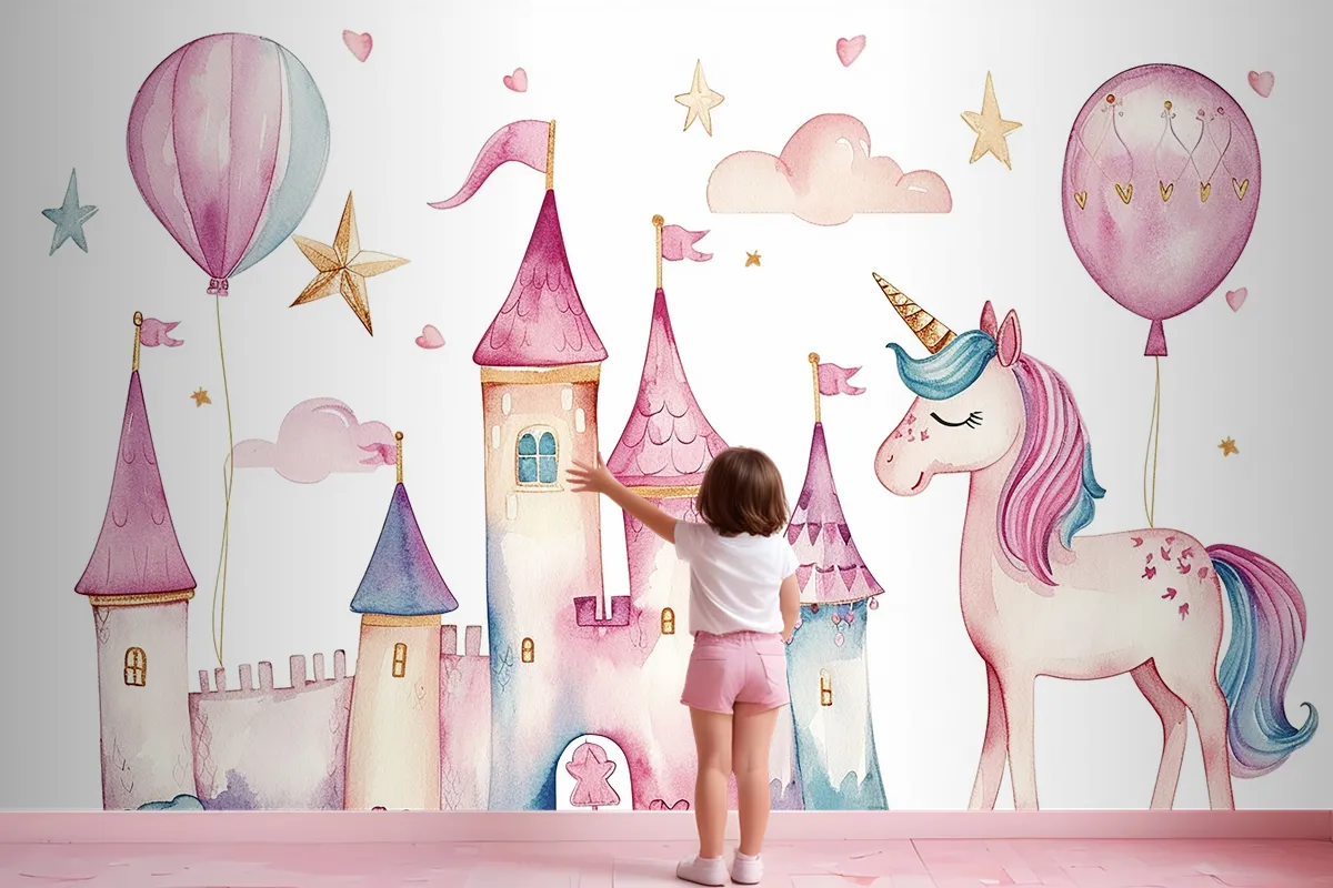 Set Of Cute Watercolor Kingdom Unicorn And Castle For Kids Book Birthday Party Wallpaper Mural