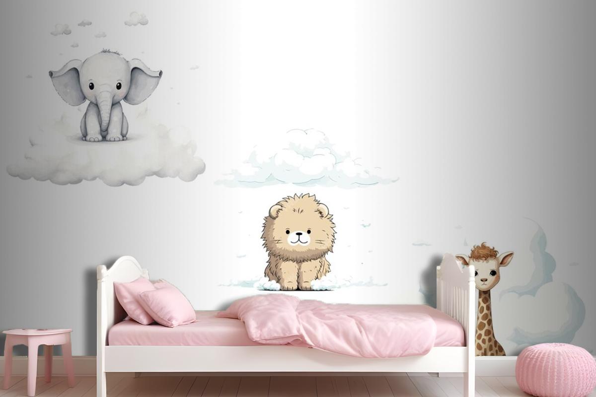 Set Sute Baby Funny Animals Elephant Giraffe Lion Wallpaper Mural