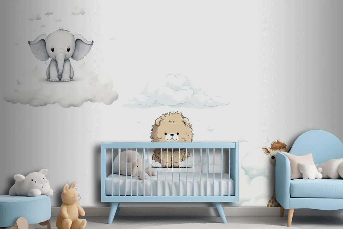 Set Sute Baby Funny Animals Elephant Giraffe Lion Wallpaper Mural