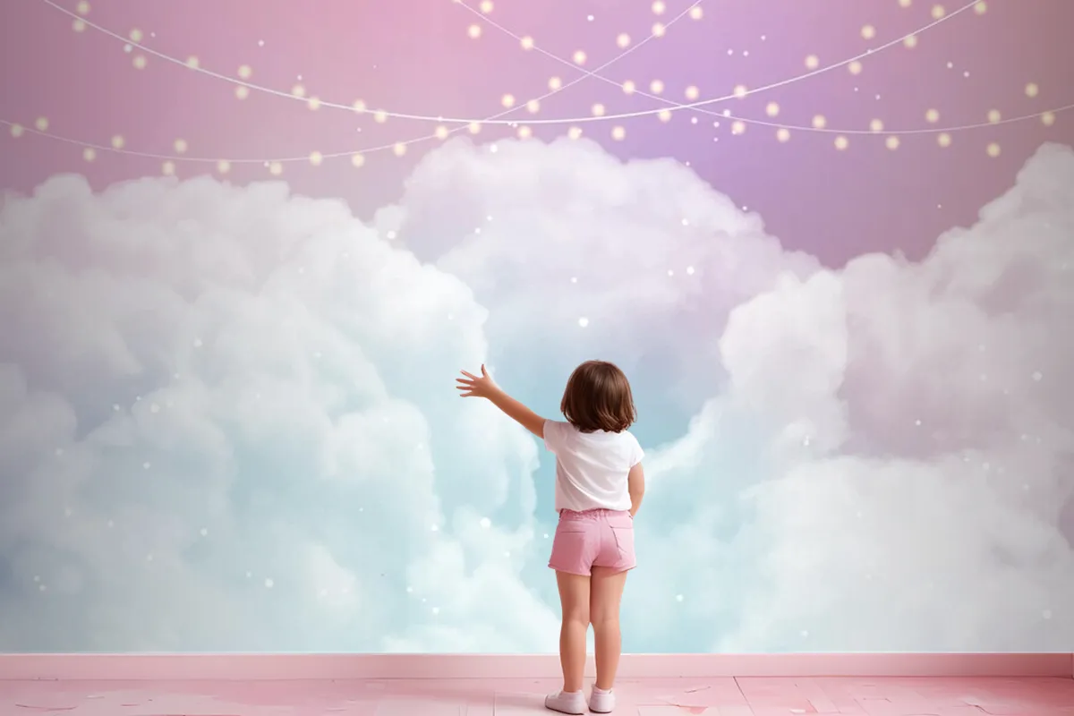 Sky Background With Sugar Cotton Candy Clouds And Stars Design Wallpaper Mural