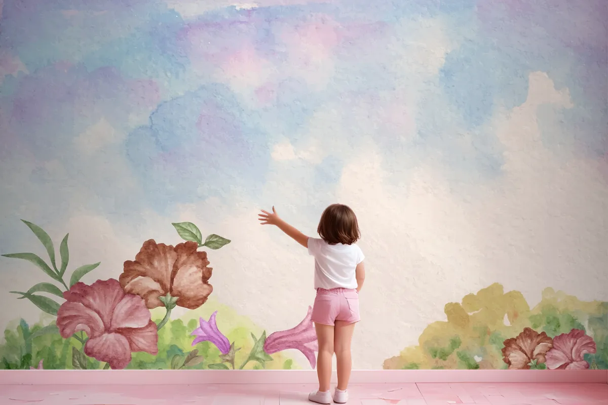 Sky View Watercolor Landscape Background With Flowers Wallpaper Mural