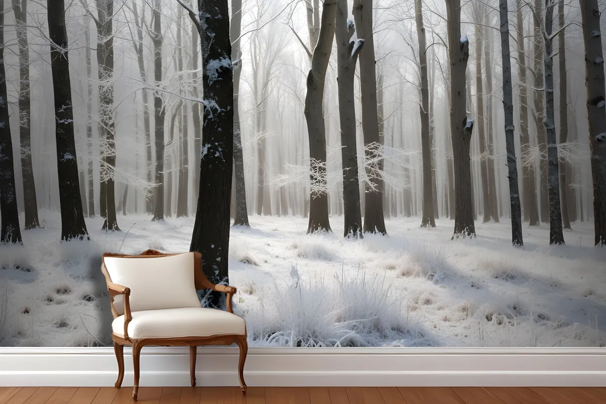 Snowy Forest With Tall Bare Trees And A Layer Of Frost Covering The Ground Wallpaper Mural