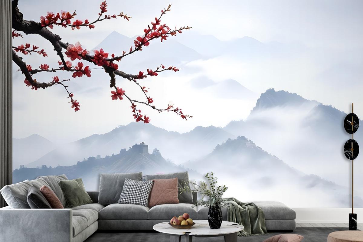 Snowy Mountainscape With Cherry Blossom Wallpaper Mural