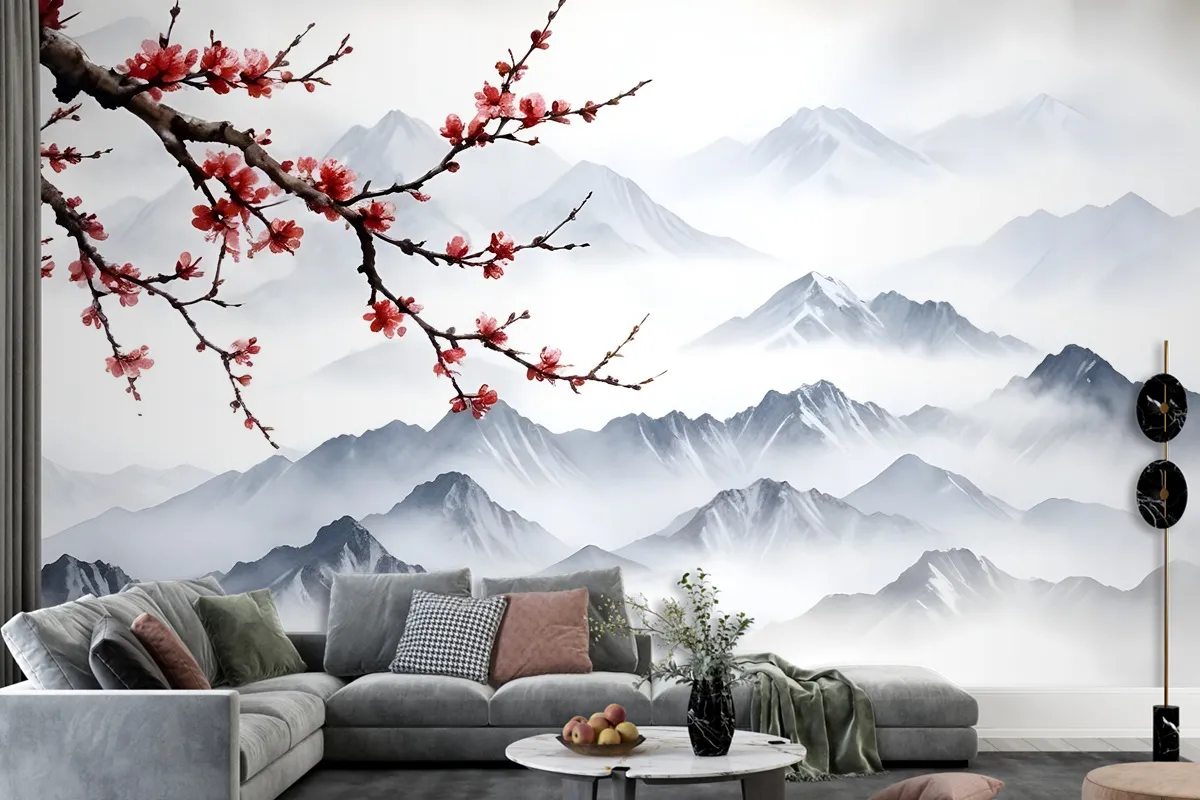 Snowy Mountainscape With Cherry Blossom Wallpaper Mural