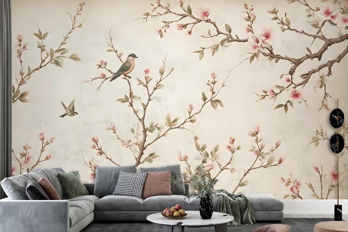 Soft Chinese Florals With Little Birds Wallpaper Mural