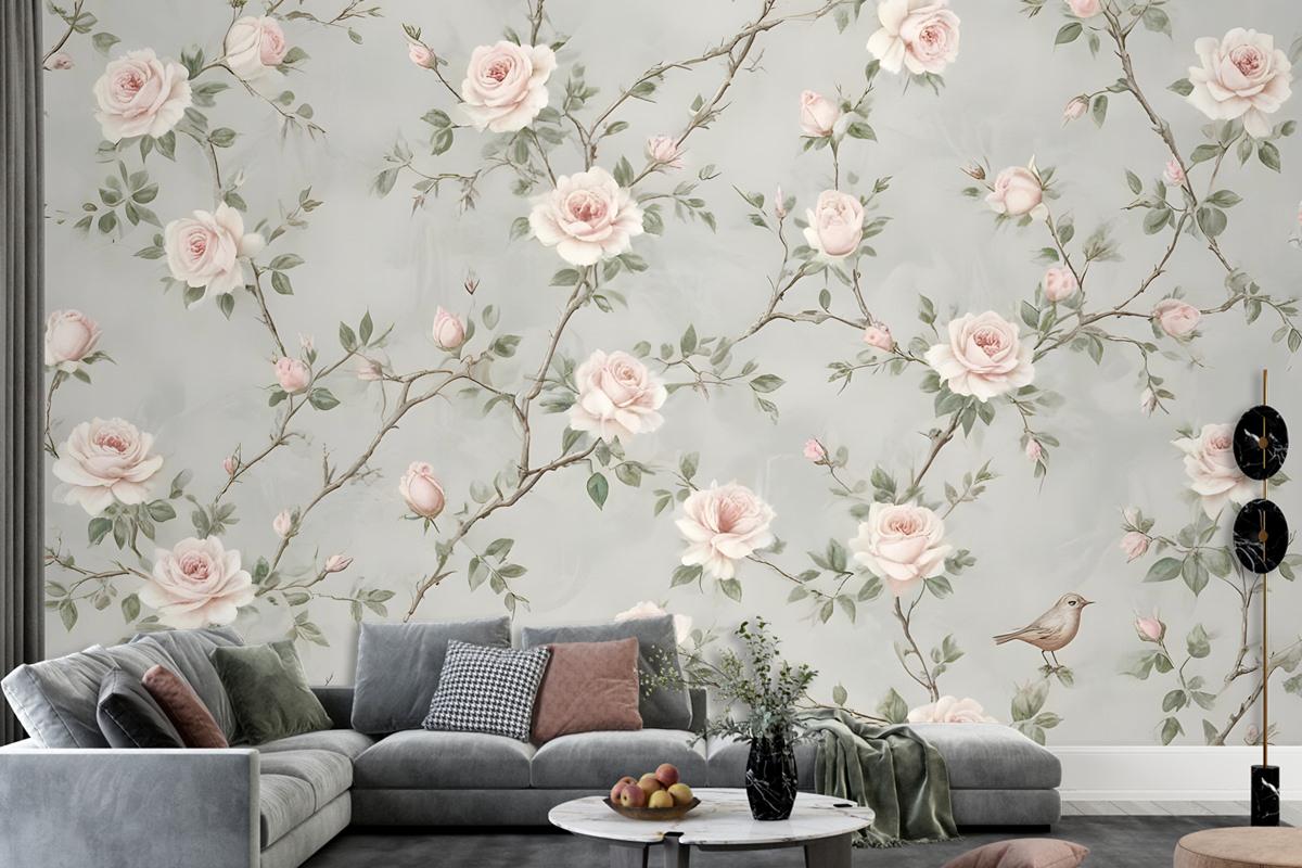 Soft Chinoiserie Peony Tree Blossom Art Wallpaper Mural