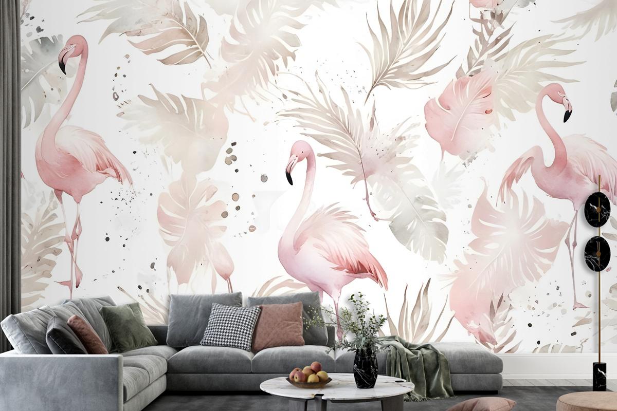 Soft Flamingo Art With Boho Tropical Leaf Wallpaper Mural