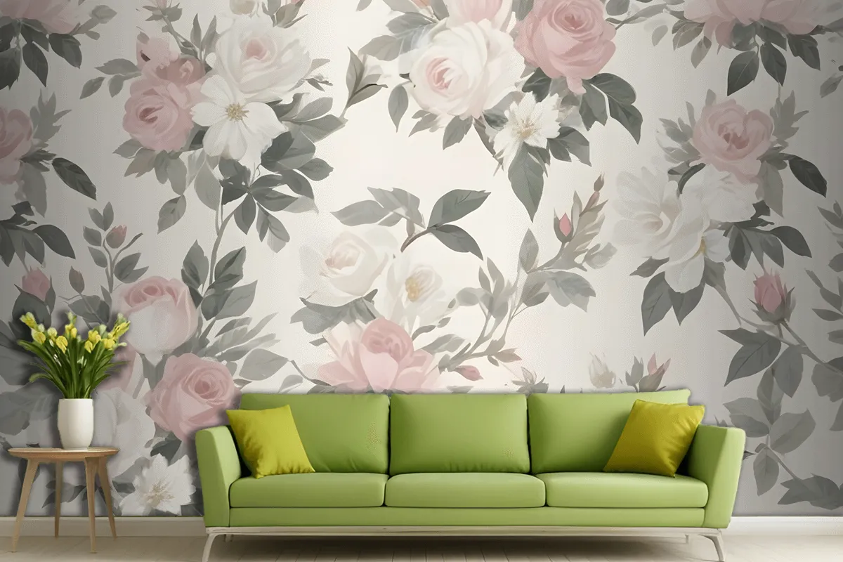 Soft Muted Floral Pattern Large Pink White Flowers Rose Green Leaves Wallpaper Mural