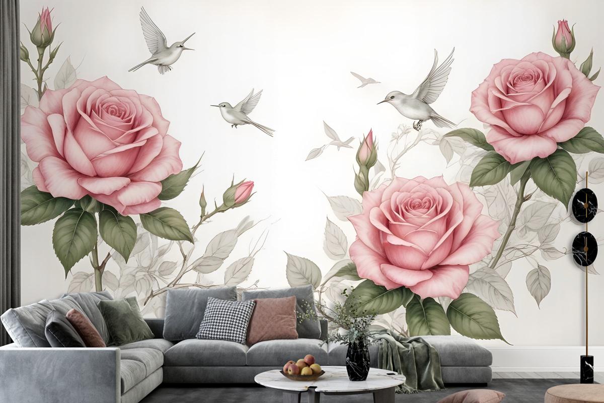 Soft Pink Flower And Charcoal Drawing Roses Wallpaper Mural