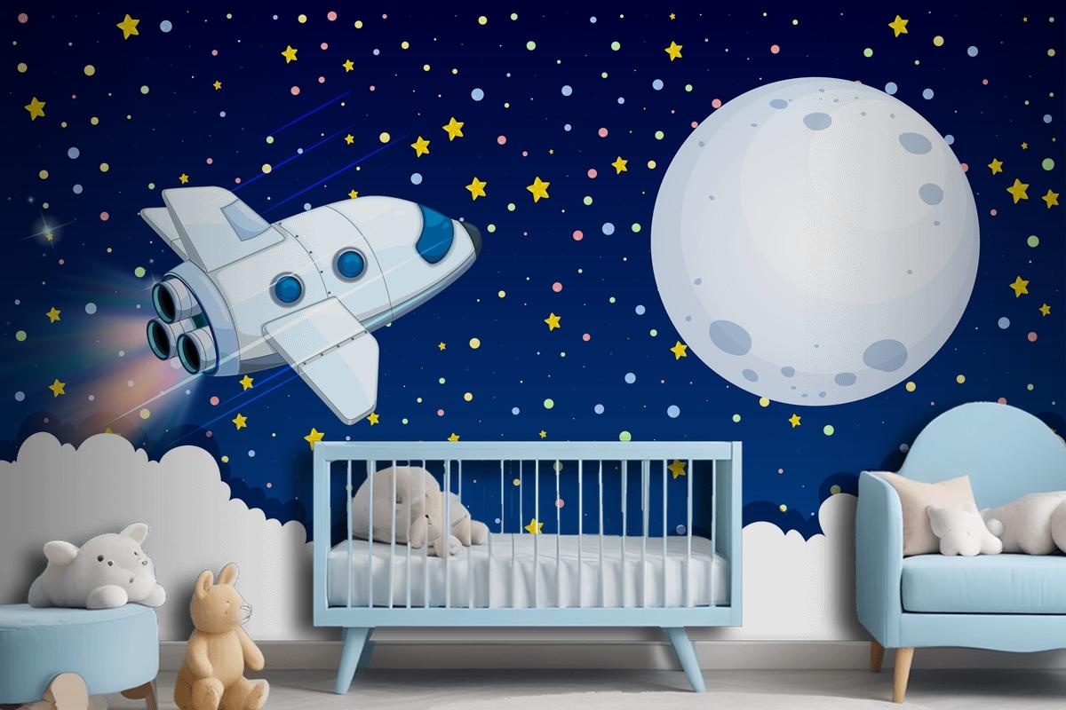 Spaceship Flying To The Moon Wallpaper Mural