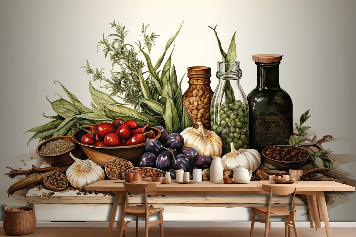 Spices And Herbs On Table Food And Cuisine Ingredients On Table Wallpaper Mural