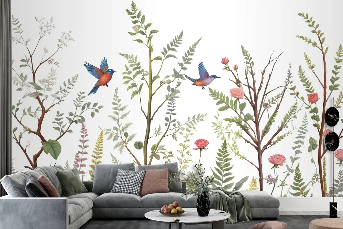 Spring Flower With Birds On The Trees Wallpaper Mural