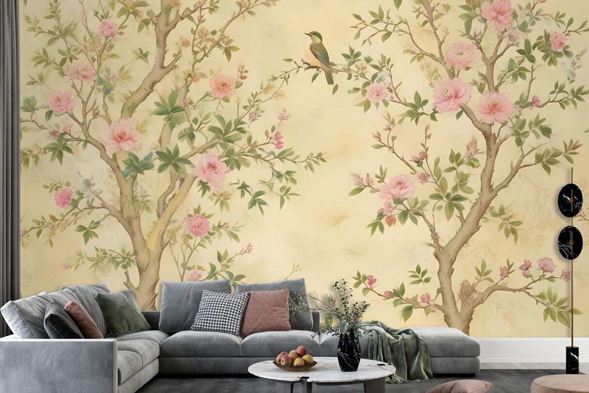 Spring Flowers Birds On The Yellow Background Floral Chinoiserie Wallpaper Mural