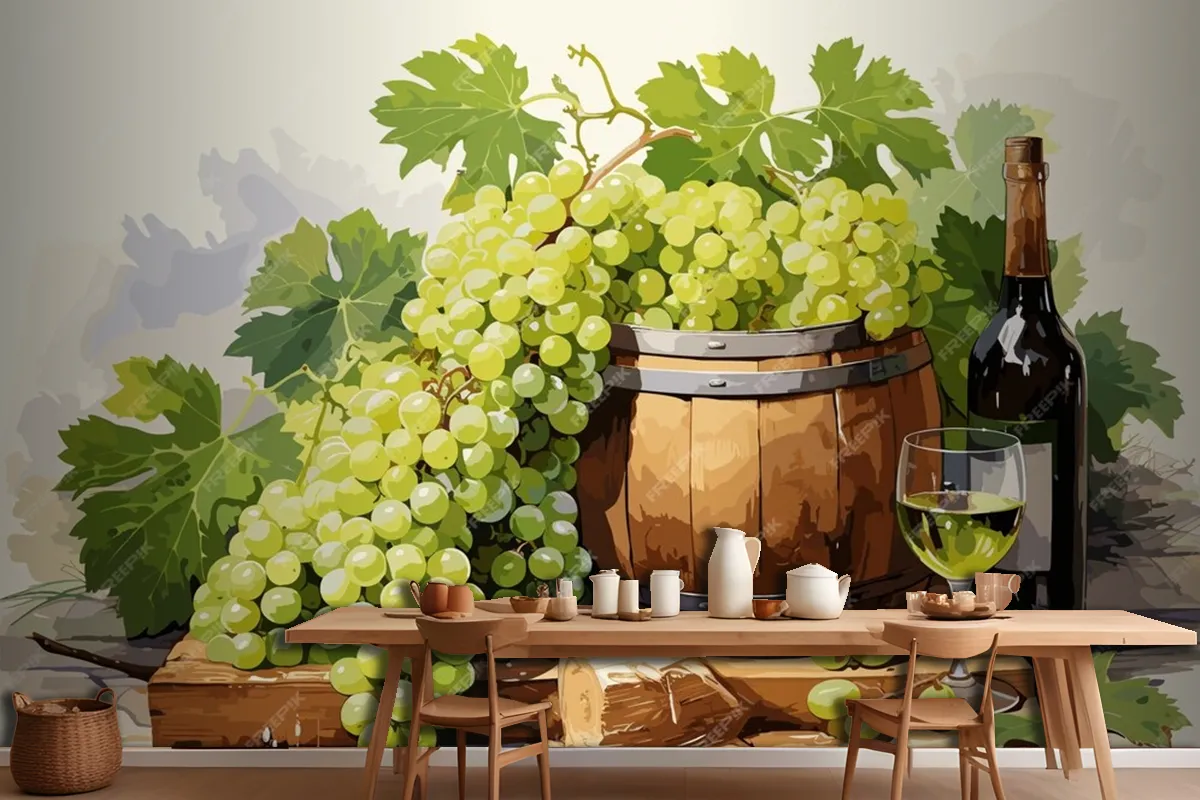 Still Life With Bottle Of White Wine Glass Of Wine And Grapes On Table In Vineyards Wallpaper Mural