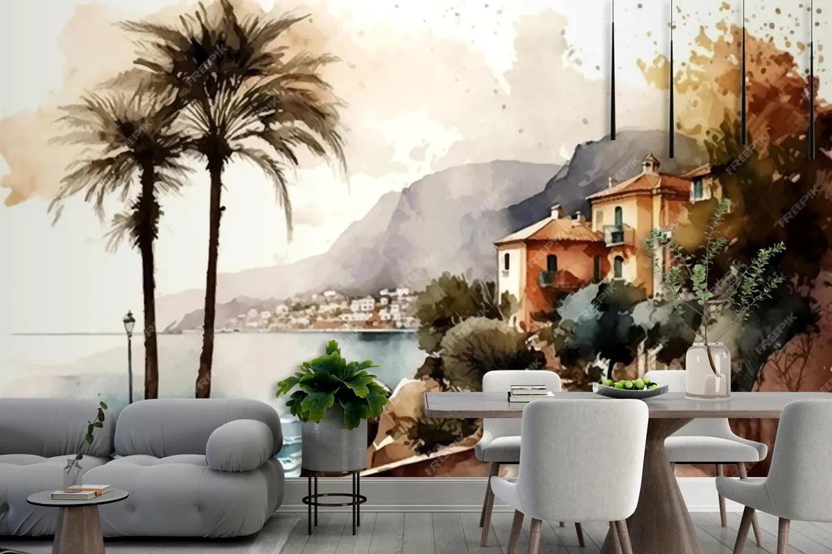 Stunning Landscape Painting With Seaside City Silhouette Wallpaper Mural