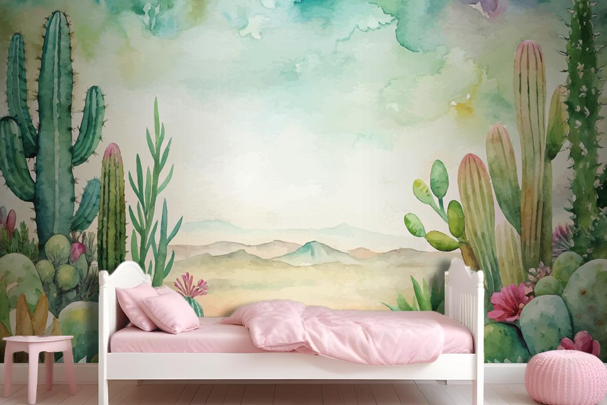 Succulent And Cactus Watercolor Background Wallpaper Mural