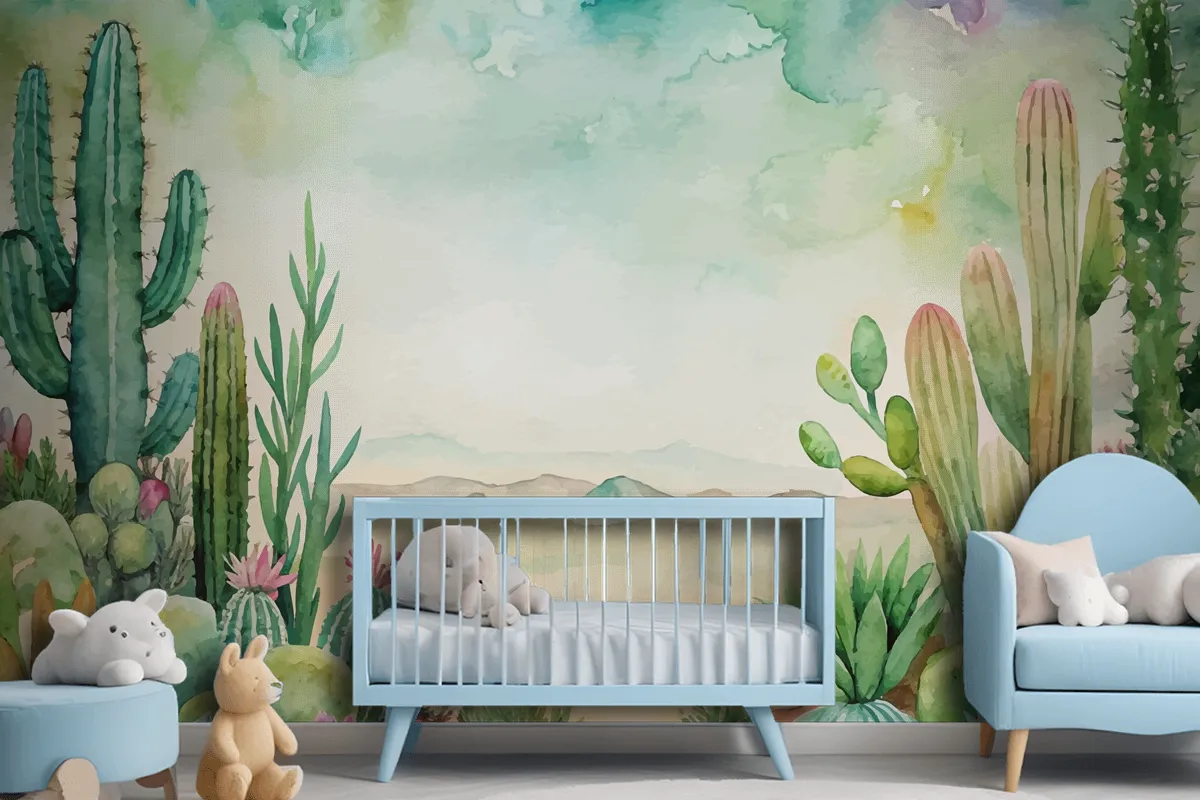 Succulent And Cactus Watercolor Background Wallpaper Mural