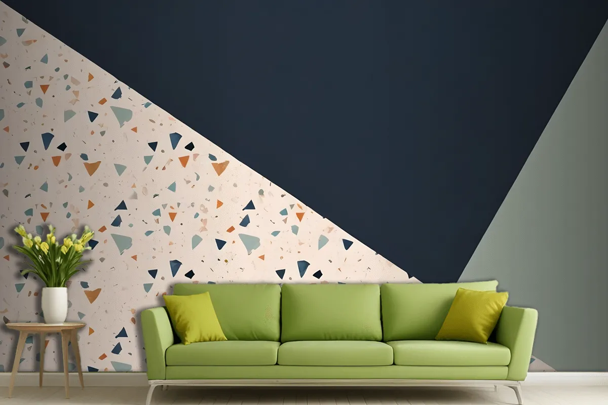 Terrazzo Style Pattern With Various Shapes Blue And Light Green Wallpaper Mural