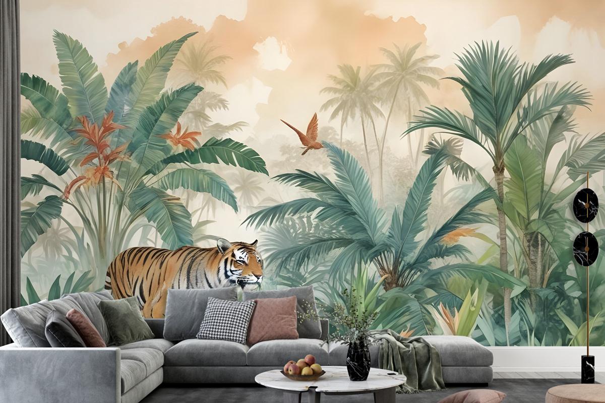 Tiger And Tropical Leaves Wallpaper Mural