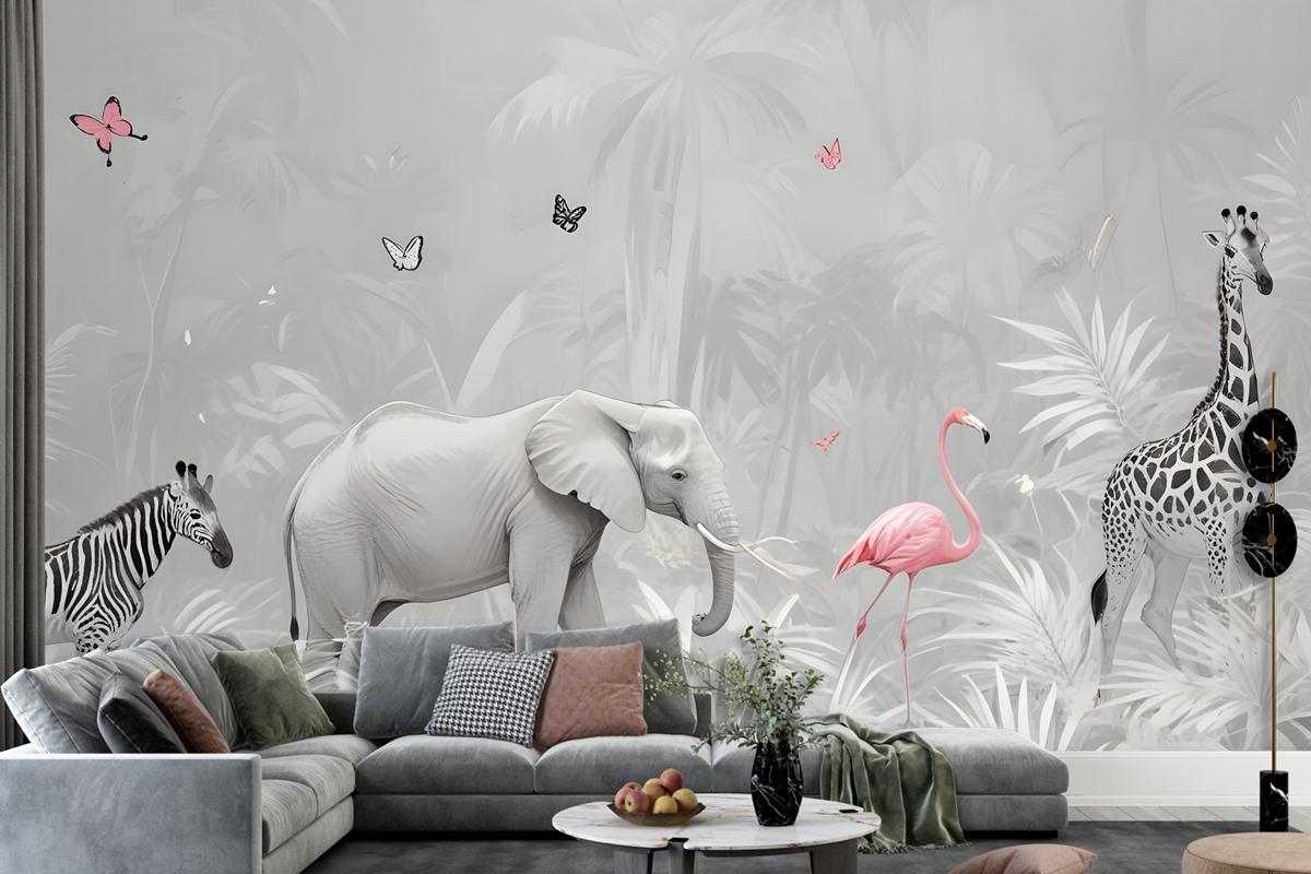 Tropical Animals With Leafs Wallpaper Mural For Children