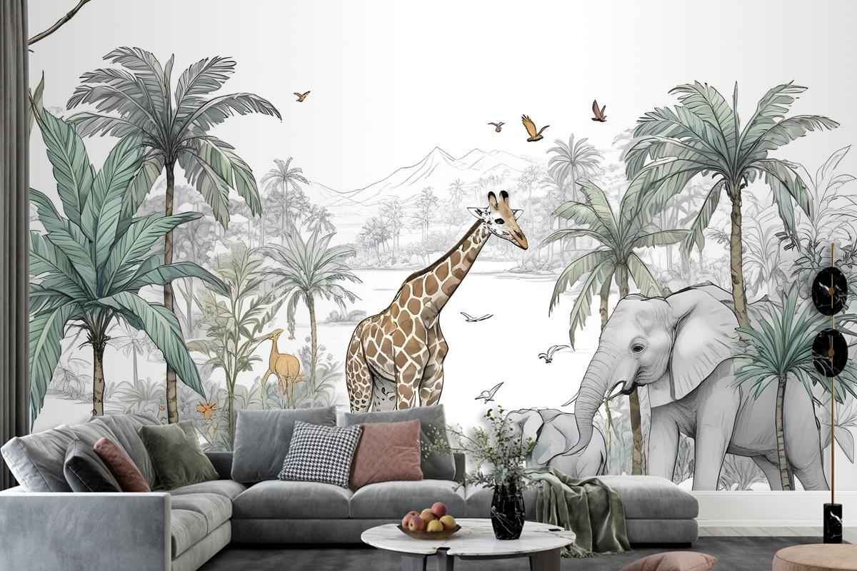 Tropical Animals With Mountain Wallpaper Mural