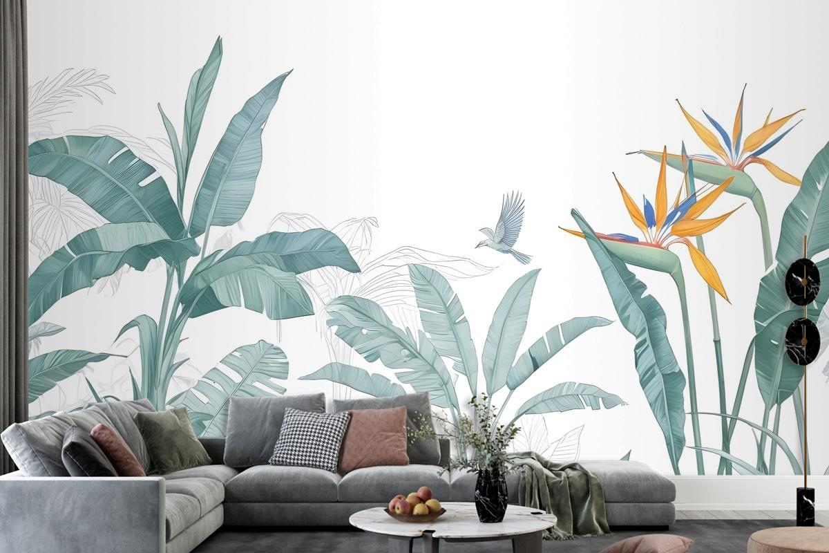 Tropical Banana Leaf With A Bird Wallpaper Mural