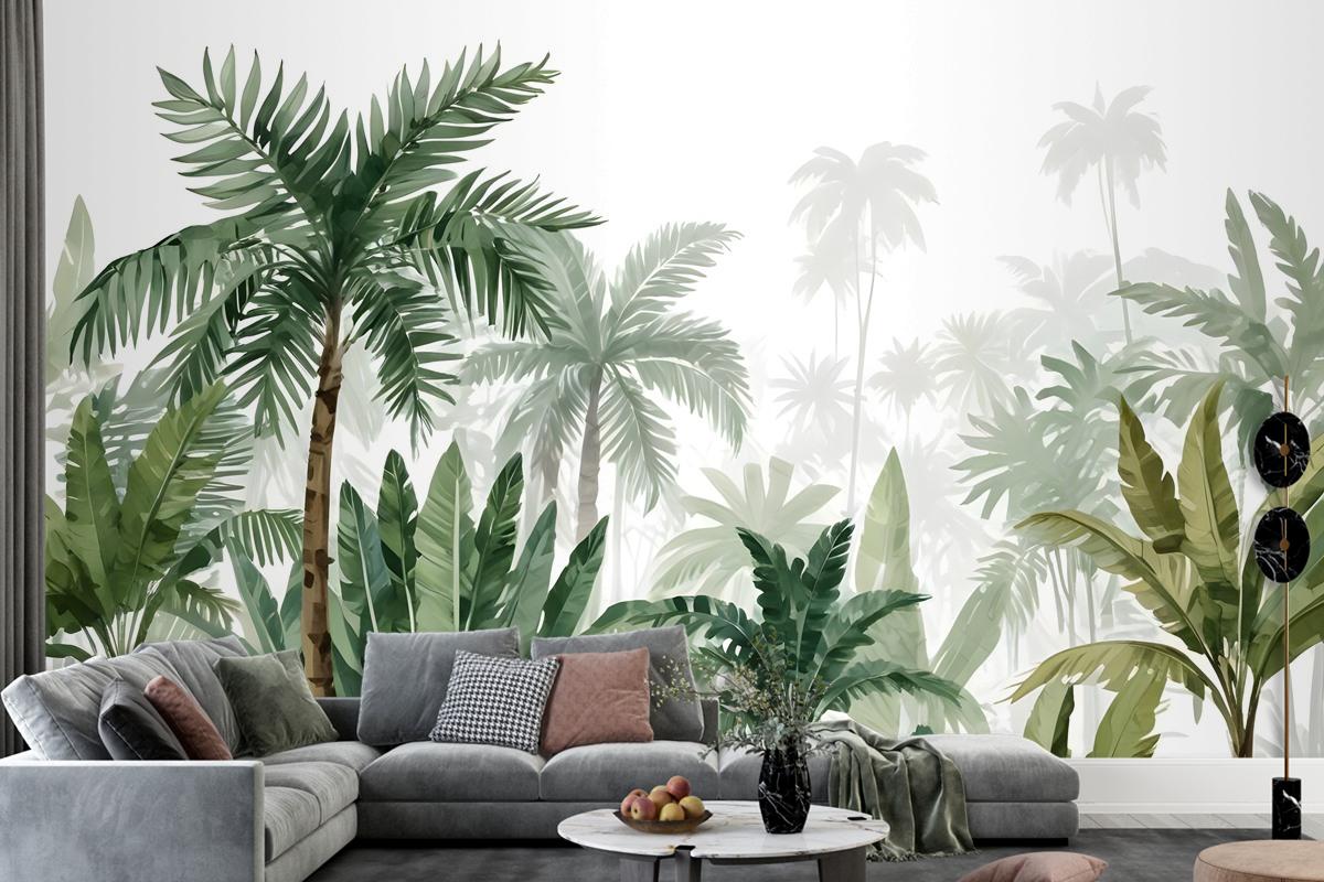 Tropical Cartoon Palm Tree And Banana Leaves Wallpaper Mural