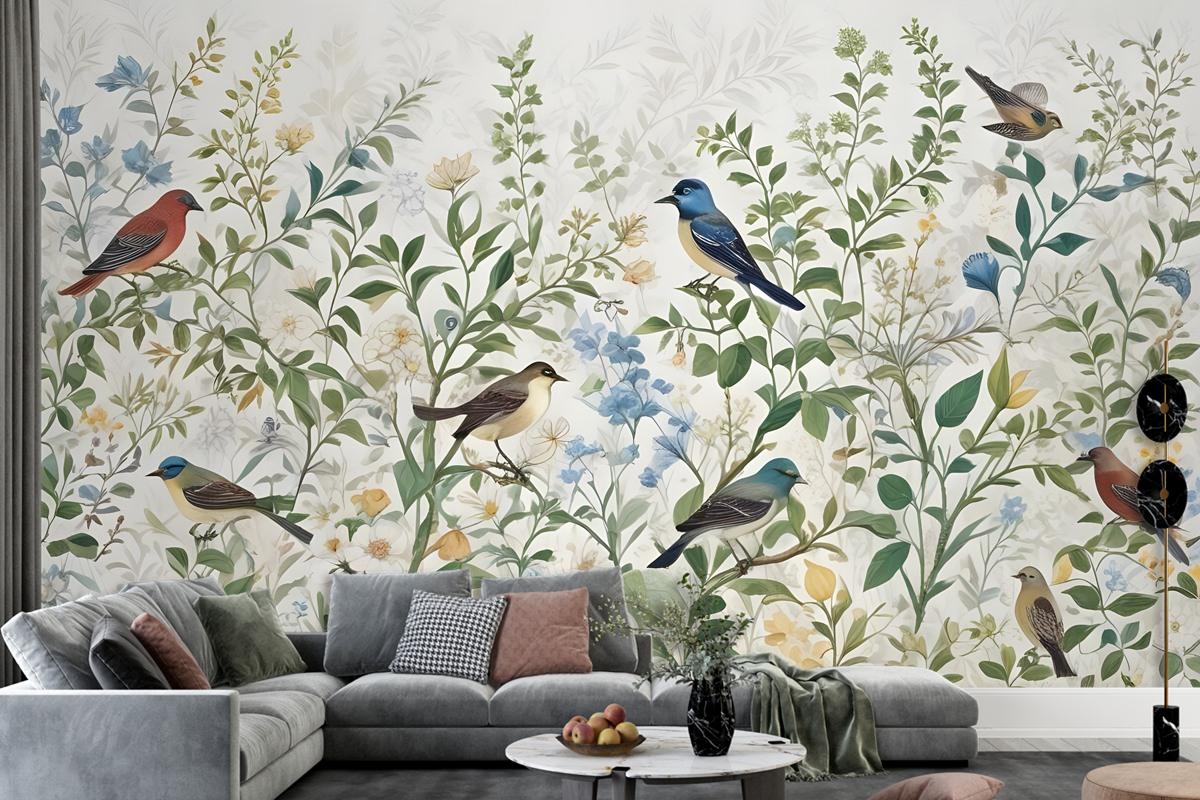 Tropical Green Leaves With Stork Wallpaper Mural