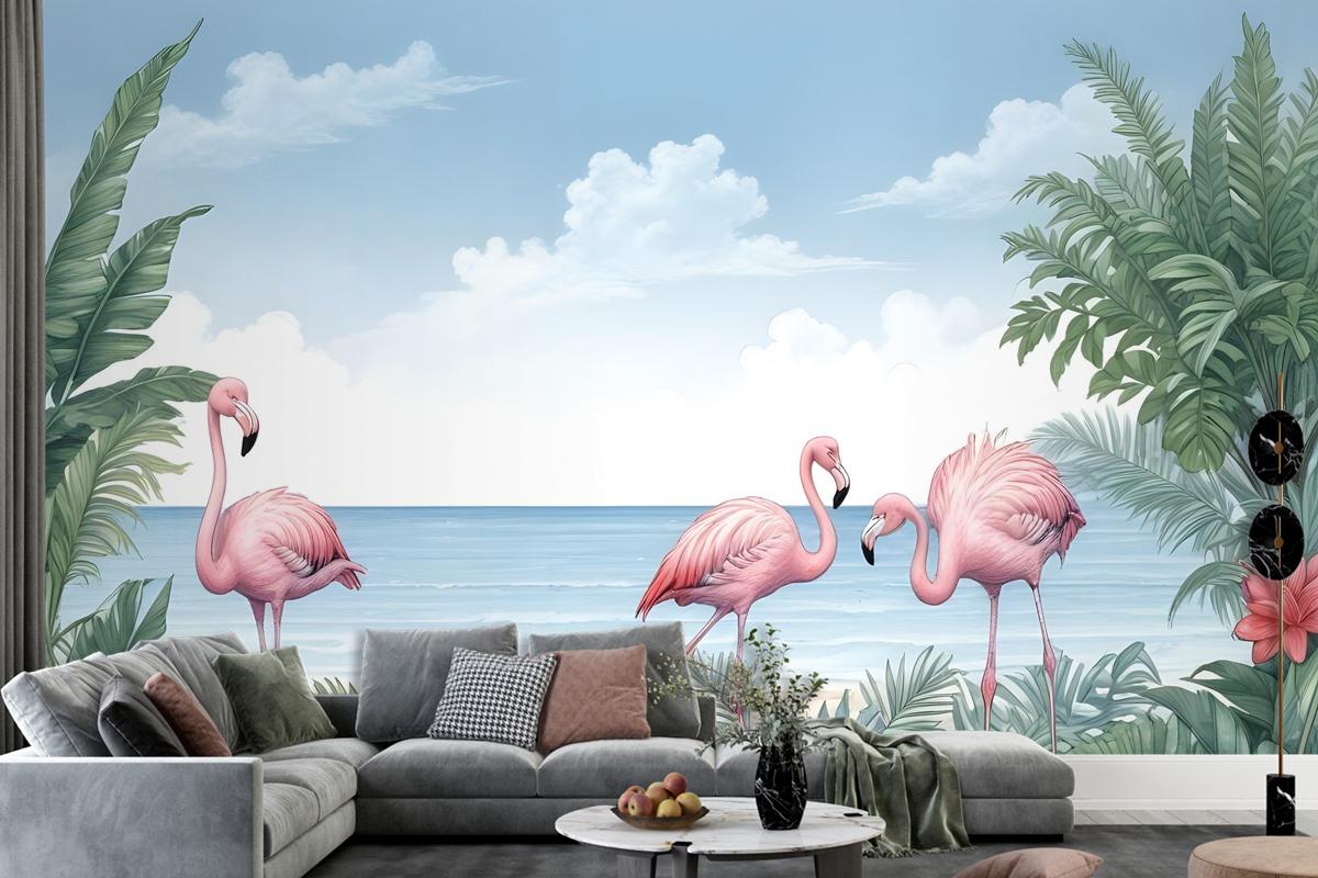 Tropical Landscape With Flamingos Wallpaper Mural