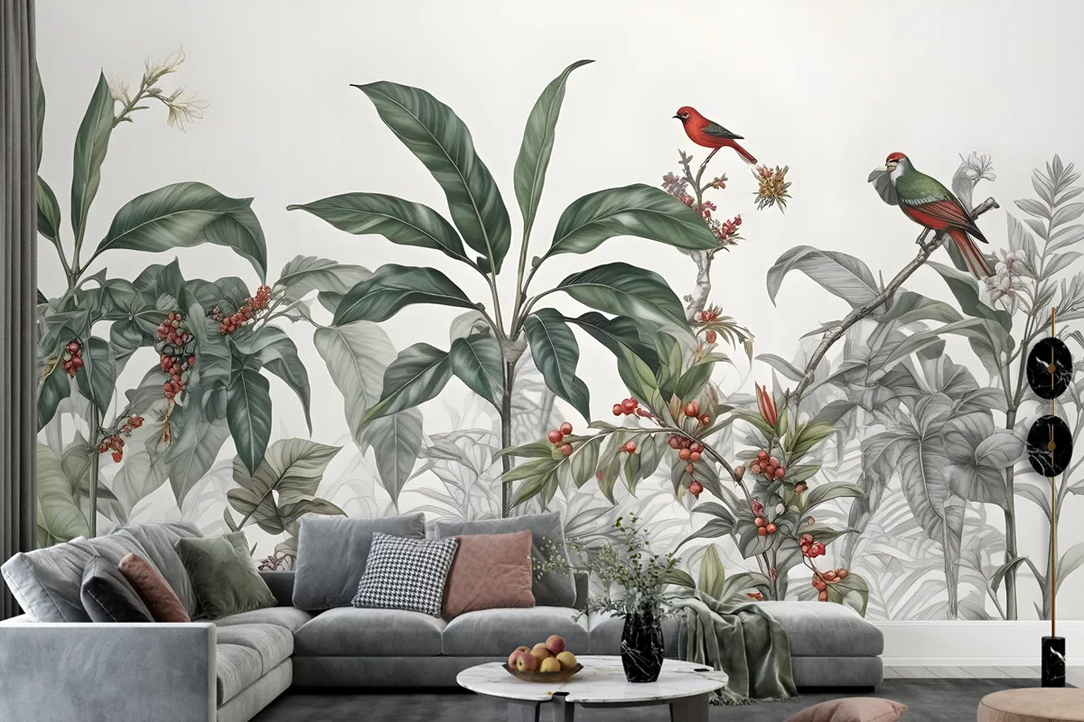 Tropical Leaves With Berries Wallpaper Mural