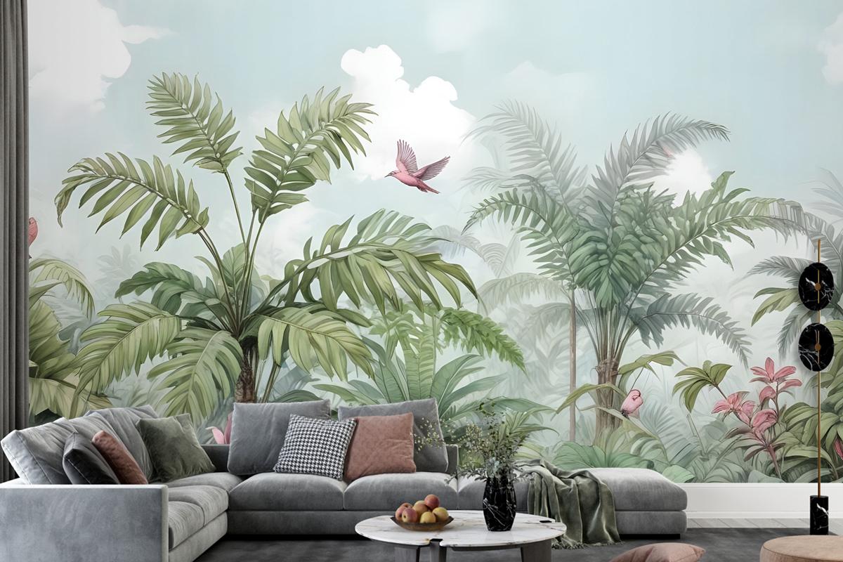 Tropical Leaves With Birds And Florals Wallpaper Mural