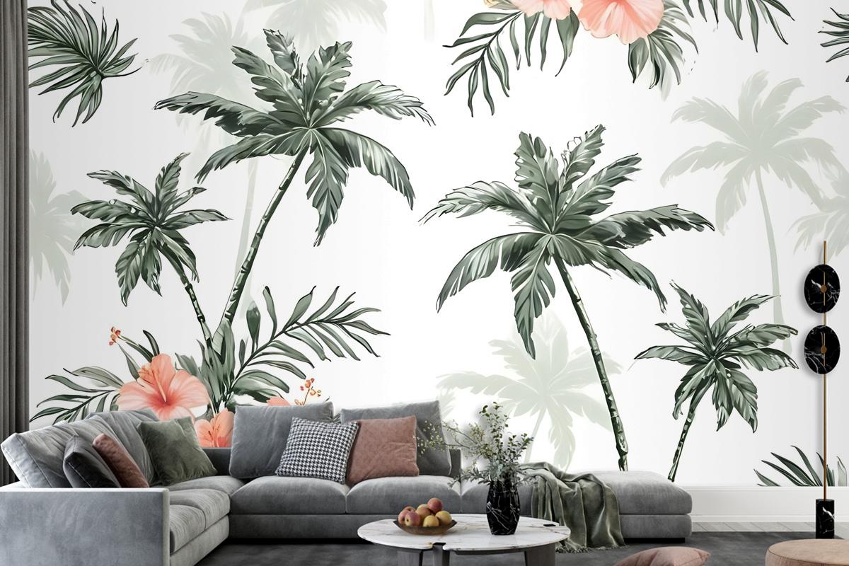 Tropical Palm Tree With Mirabilis Floral Pattern Wallpaper Mural