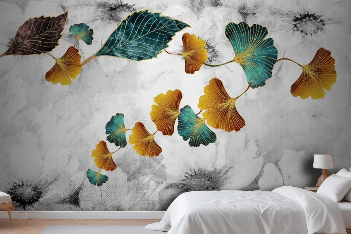 Turquoise And Golden Ginkgo Leaves In Light Gray Canvas Paint Wallpaper Mural