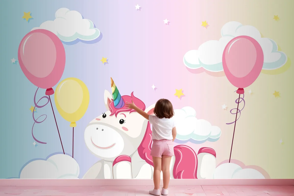 Unicorn Lay On The Cloud On Colorful Pastel Sky Background Wallpaper Mural