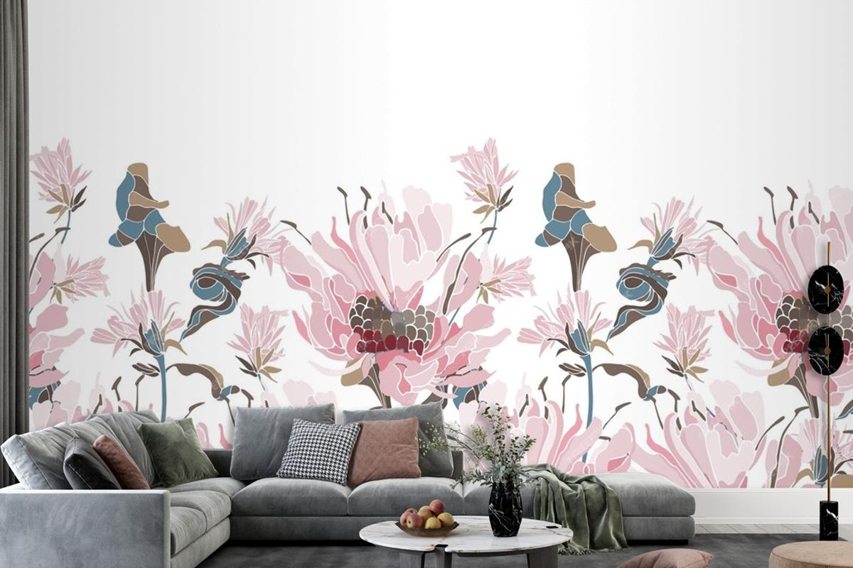 Pink Flowers Herbs Wallpaer Mural