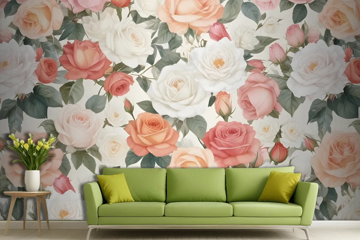 Vibrant Floral Pattern Featuring Various Types Of Pink, White, And Peach Roses Wallpaper Mural