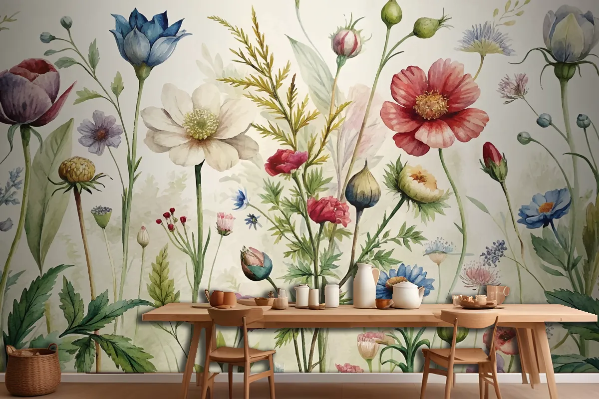 Vintage Botanical Style Wildflower Watercolor Wallpaper Mural