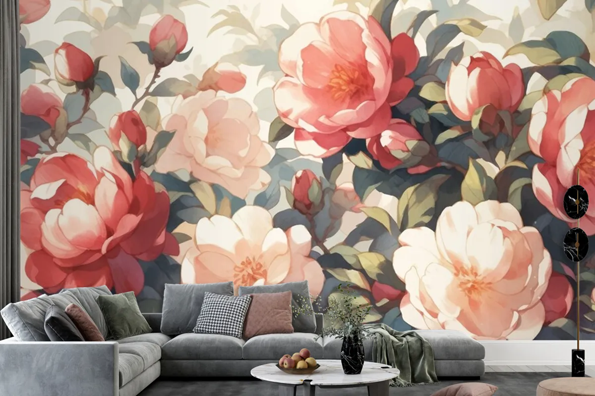 Vintage Camellia Pattern With White Background Wallpaper Mural