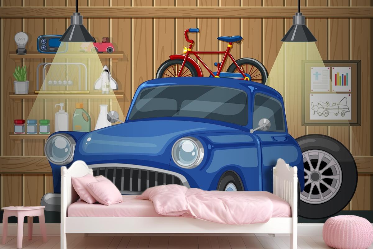 Vintage Car And Bicycle In Wooden Garage Wallpaper Mural