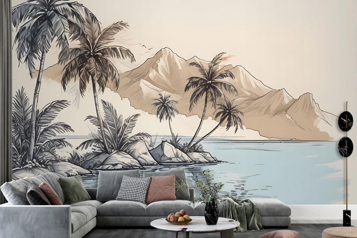 Vintage Charcoal Tropical Palm Tree And Summer Beach Wallpaper Mural